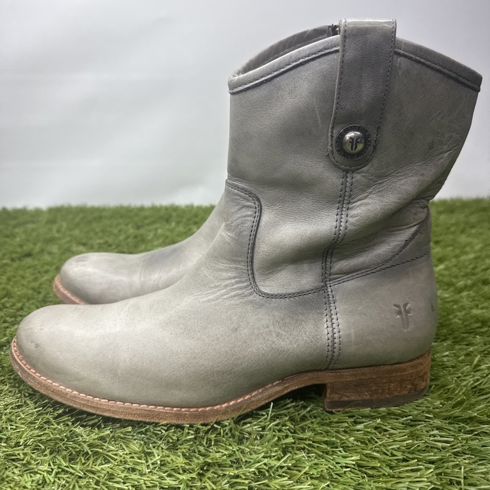 Frye Melissa Short Button Womens Gray Leather Boots Western Biker Zip Size 7.5B
